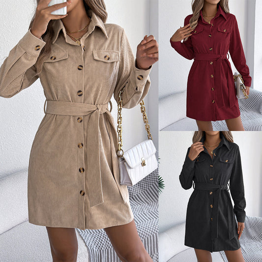 Casual Solid Color Single-breasted Long Sleeve Lace-up Corduroy Shirt Dress - Enfance-Heureuse