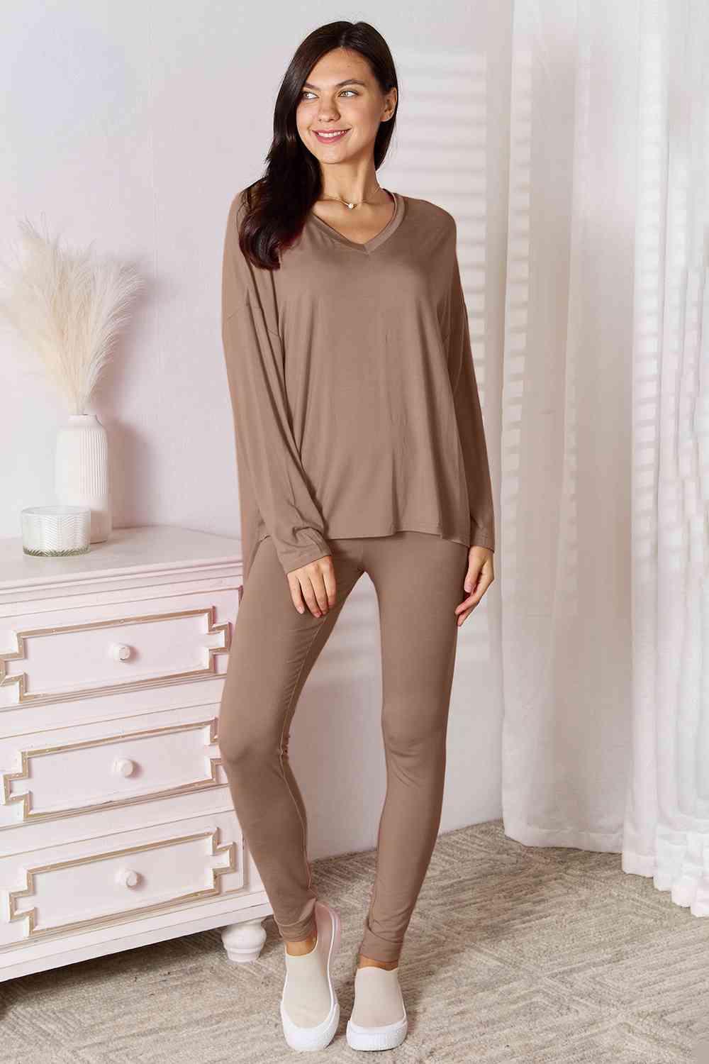 Basic Bae Full Size V-Neck Soft Rayon Long Sleeve Top and Pants Lounge Set - Enfance-Heureuse