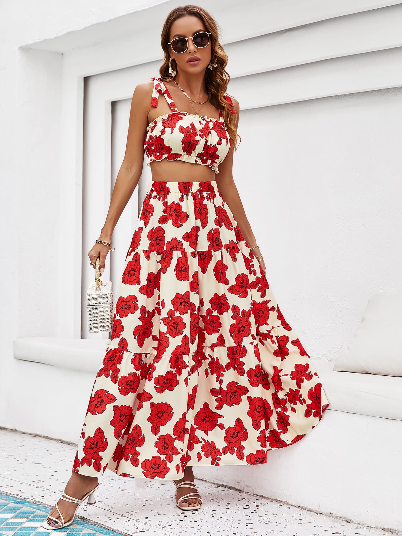 Honey Floral Tie Shoulder Top and Tiered Maxi Skirt Set - Enfance-Heureuse