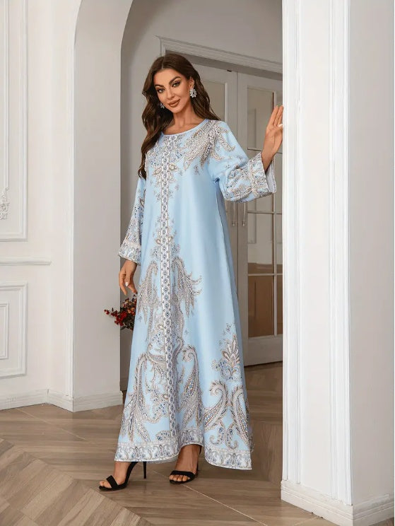 Elegant Floral Print Long Sleeve Abaya Dress - Enfance-Heureuse