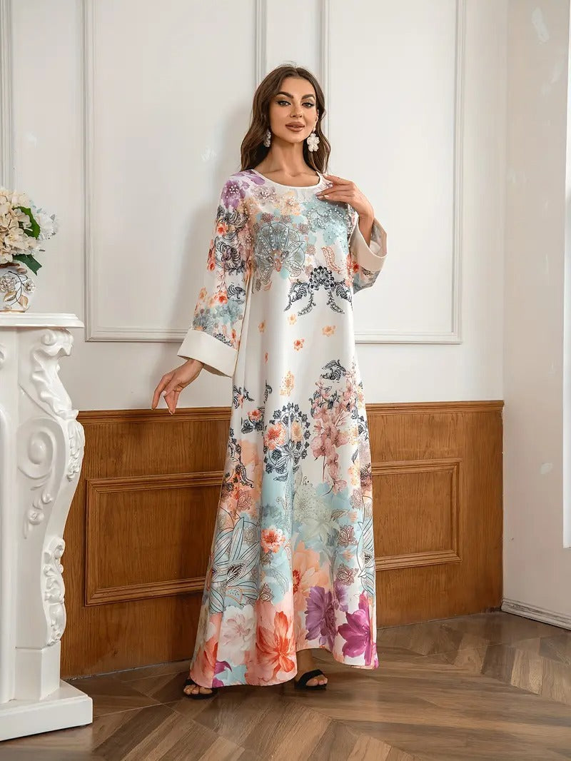 Elegant Floral Print Long Kaftan Dress - Enfance-Heureuse