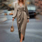 Women's Solid Color V-Neck Long Sleeve Dress With Elastic Cuffs & Asymmetrical Hem Draped Party Dress For Spring&Fall
