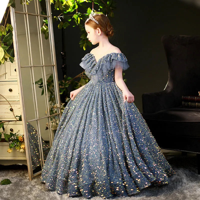 Robe de princesse à paillettes pour enfants de grande taille, costumes de défilé de style occidental pour l'hiver