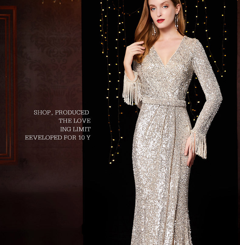 Temperament Banquet Ladies Sequined Annual Meeting Host Long Evening Dress - Enfance-Heureuse