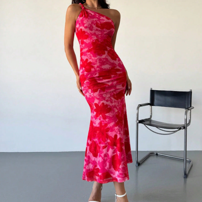 Robe à bretelles avec ceinture et imprimé à motifs irréguliers de style européen et américain pour femmes