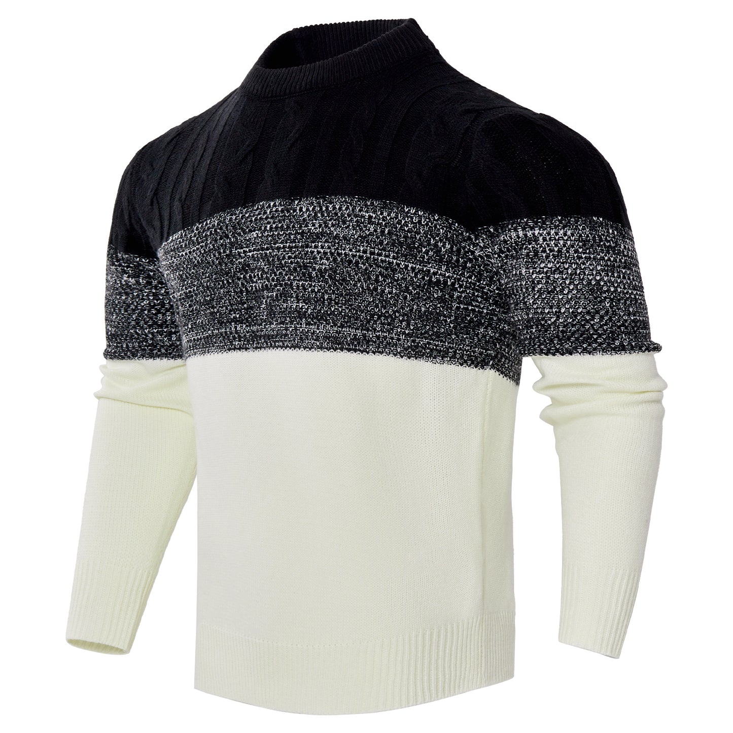 Men's Casual Color Block Long Sleeve Cable Knit Pullover Sweater - Enfance-Heureuse