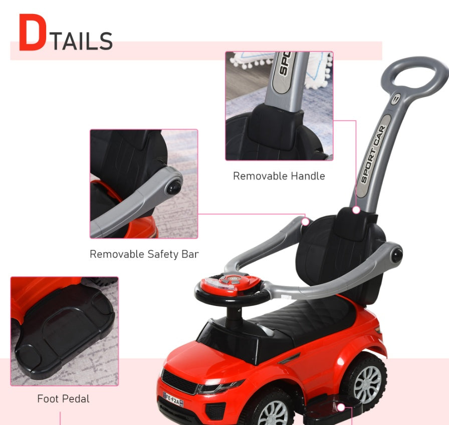 Kids 3 In 1 Push Car Ride-On Stroller Sliding Walking Toy With Horn Music Light Secure Bar For Boys Girls 1-3 Years Old Red - Enfance-Heureuse