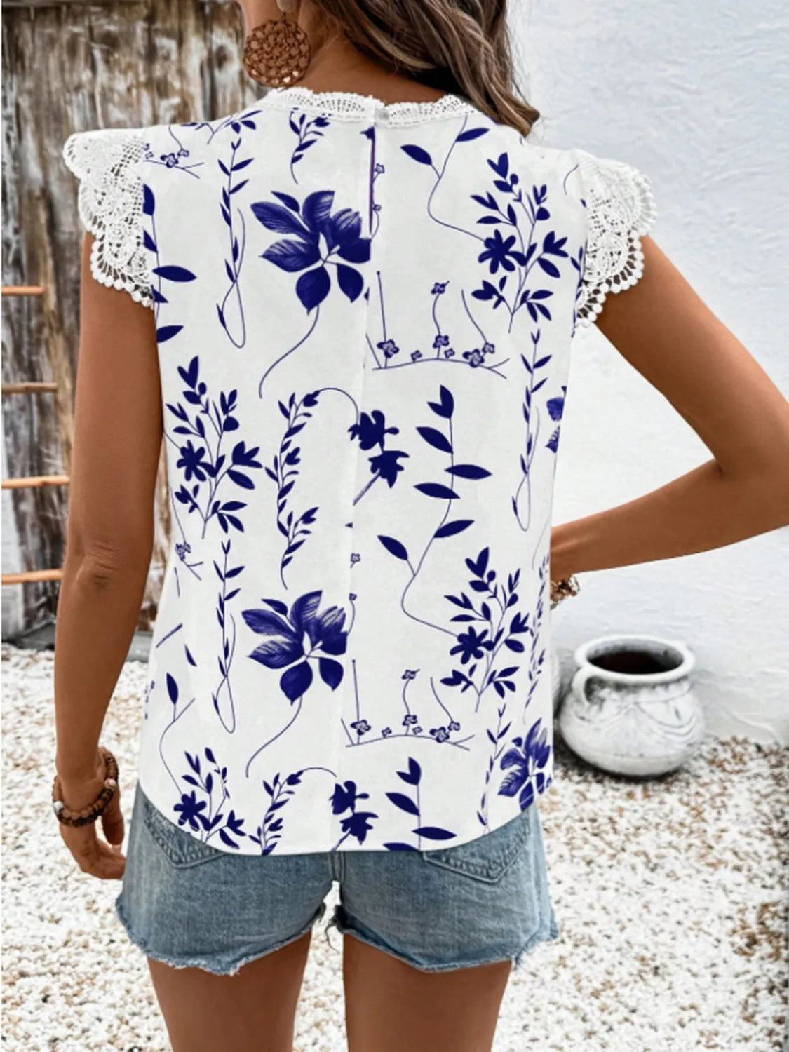 Lace Detail Printed Cap Sleeve Blouse - Enfance-Heureuse