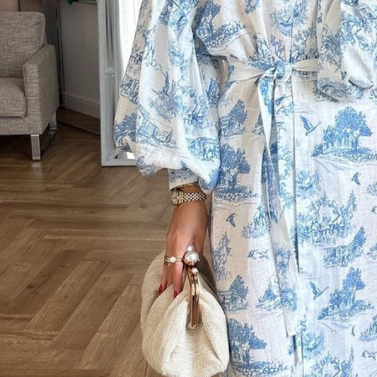 Vintage Ink Print Long Sleeve Cardigan Tied Dress - Enfance-Heureuse