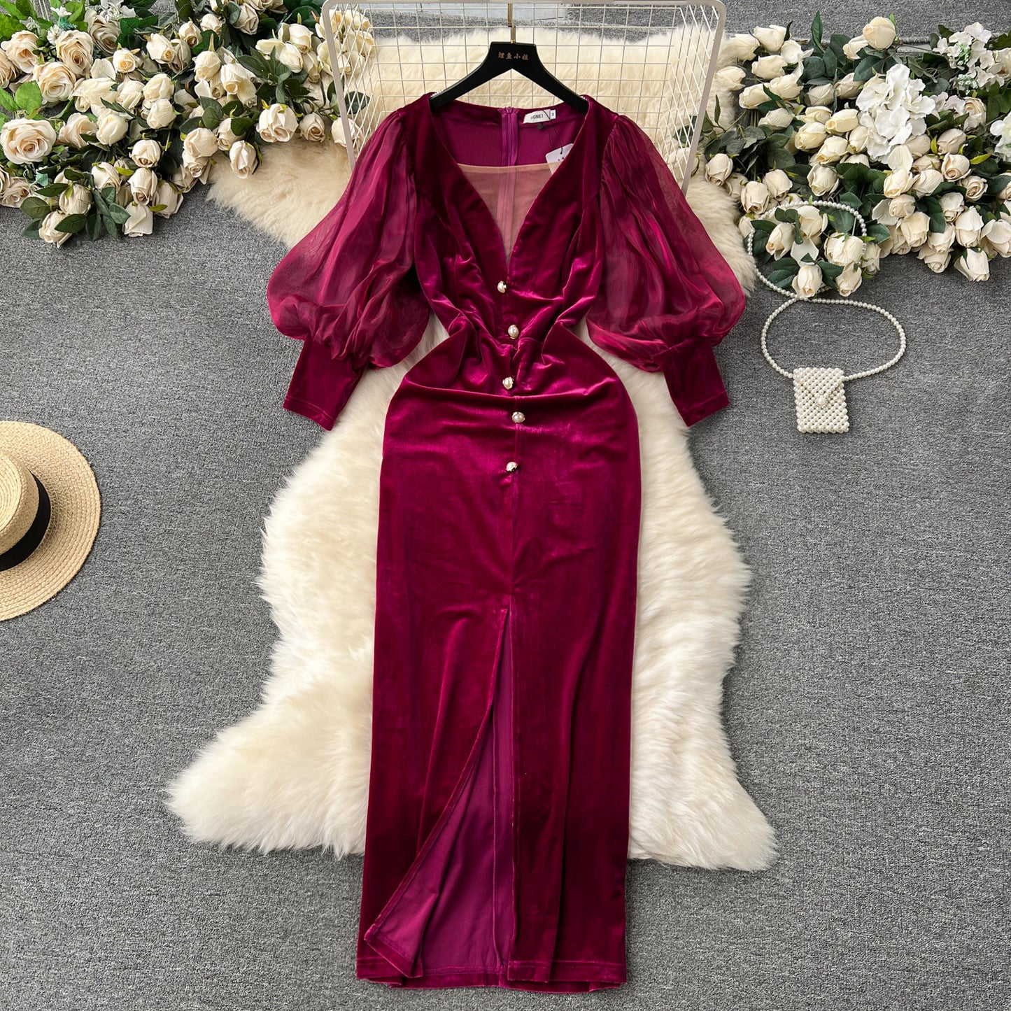 Vintage Velvet Dress High-end Affordable Luxury Niche Lantern Sleeve Slim Mid-length Split Knee-length Court Style Dress - Enfance-Heureuse