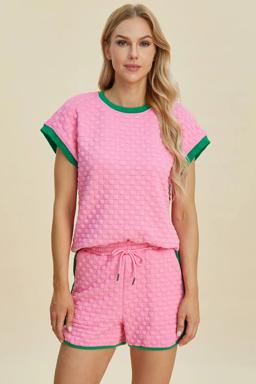 Double Take Full Size Texture Contrast T-Shirt and Shorts Set - Enfance-Heureuse