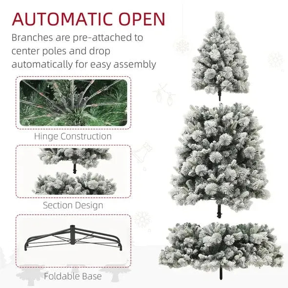 HOMCOM 6.5 Ft Pre-Lit Artificial Christmas Tree With 350 Clear Lights And 1107 Tips, Snow Flocked Christmas Tree With Metal Stand, Hinged Xmas Tree For Home Office Holiday, Green - Enfance-Heureuse