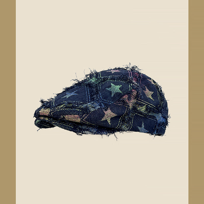 Colorful Plaid Five-pointed Star Advance Hats Women's Korean-style Anti-wear Distressed Edging Beret