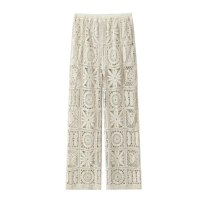Women's Fashion Three-dimensional Hollow-out Crocheted V-neck Knitted Cardigan Wide-leg Lace Pants - Enfance-Heureuse