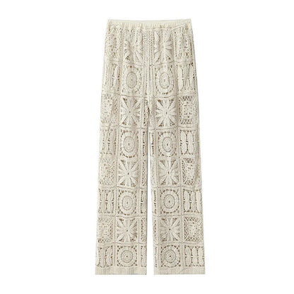 Women's Fashion Three-dimensional Hollow-out Crocheted V-neck Knitted Cardigan Wide-leg Lace Pants - Enfance-Heureuse