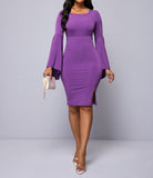 Women's Solid Color Lace Sleeve Casual Hip Hugging Dress - Enfance-Heureuse