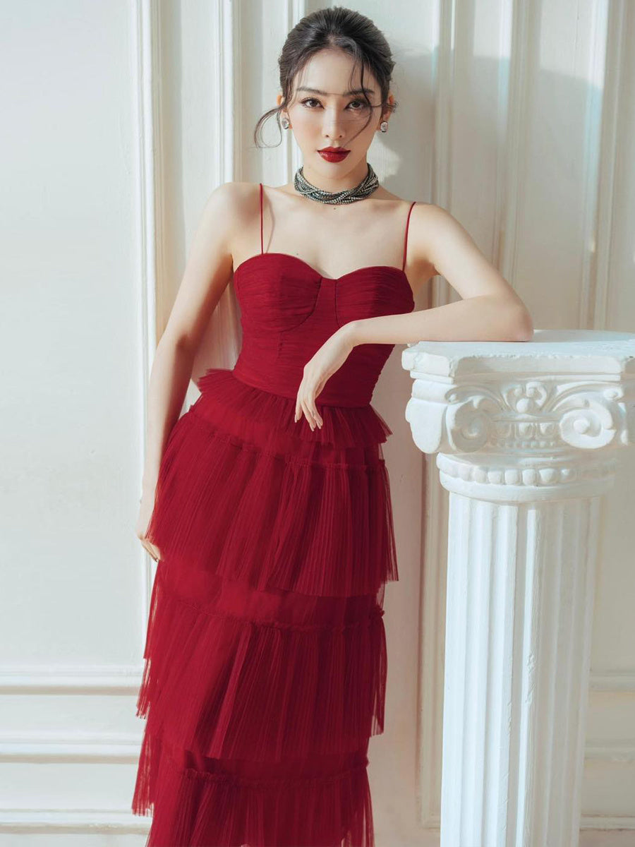 Suspender Spread Chest Temperament Dark Red Flowing Small Dress Long Skirt - Enfance-Heureuse