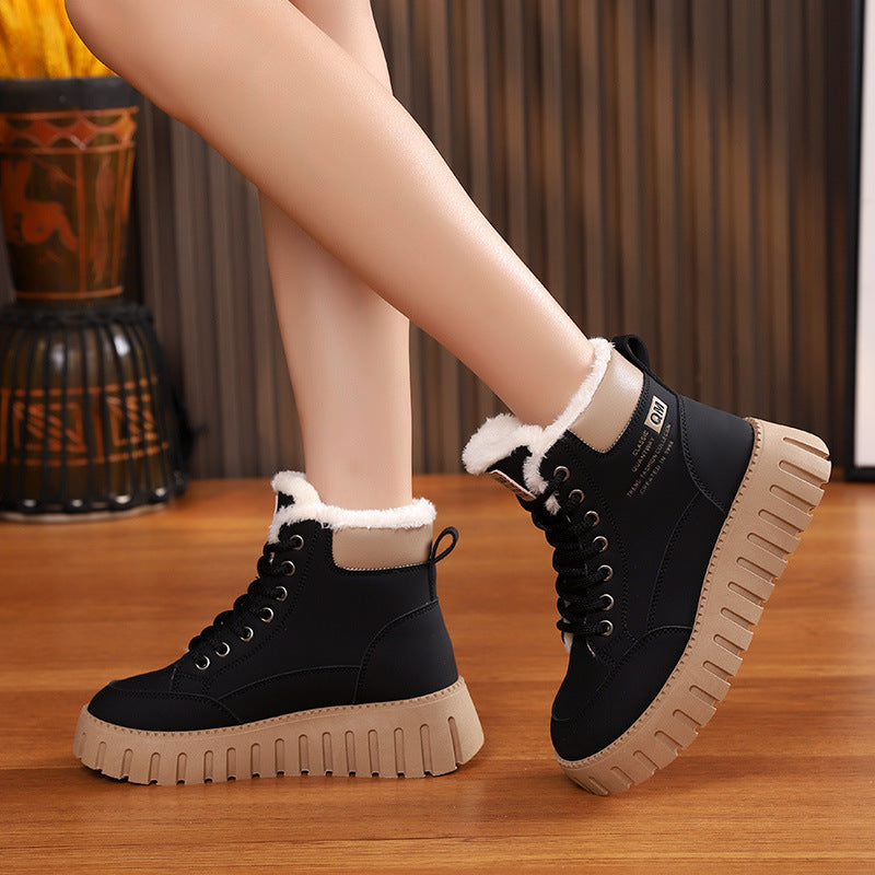Ins Lace-up Snow Boots Winter Warm Fleece Flat Shoes For Women Fashion Casual Plush Ankle Boot - Enfance-Heureuse