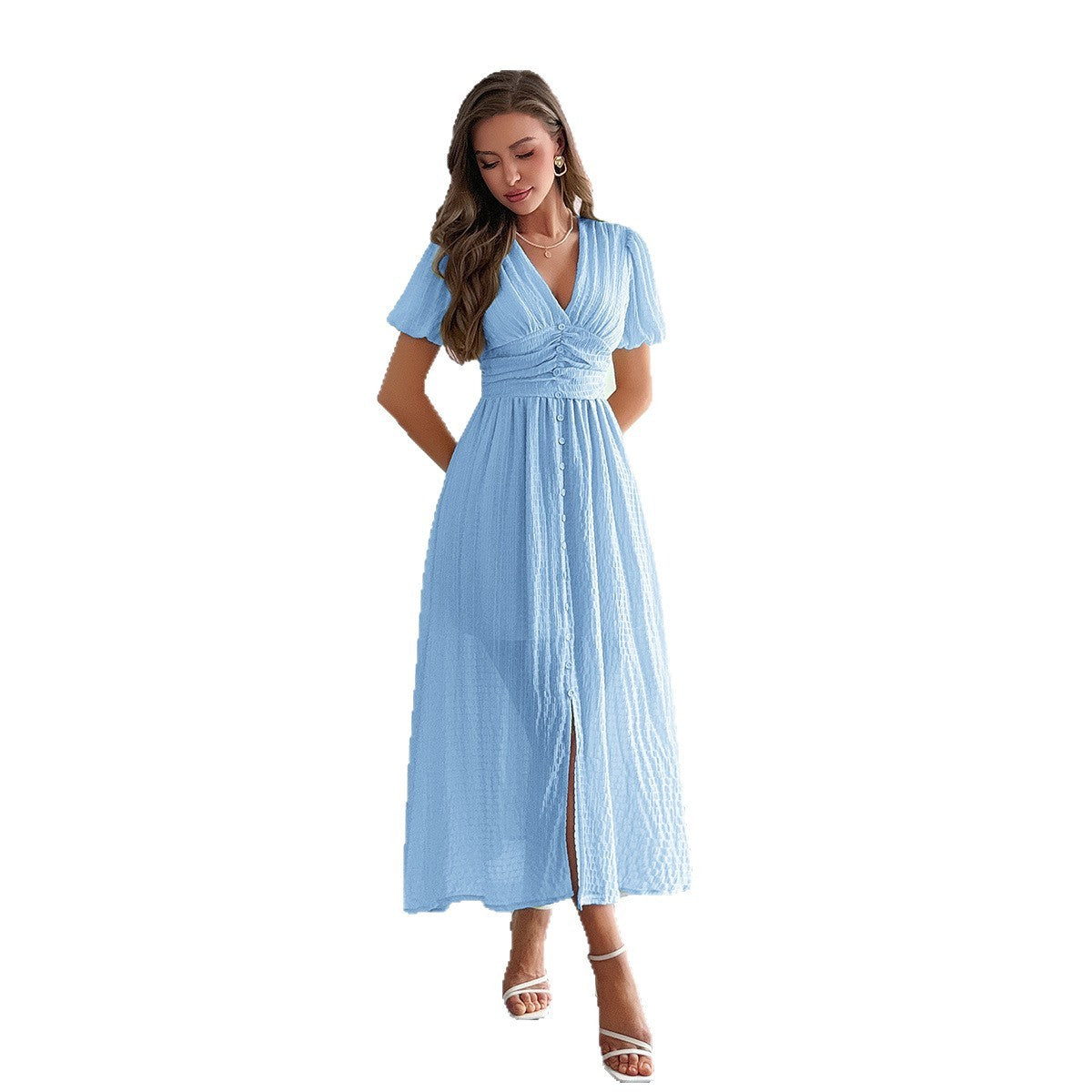 Elegant Vacation Style Deep V Short Sleeve Maxi Dress - Enfance-Heureuse