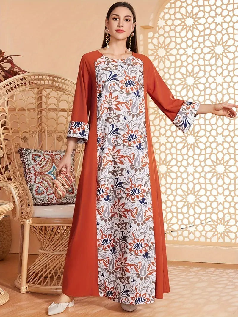 Elegant Floral Print Long Sleeved Abaya Robe Dress - Enfance-Heureuse