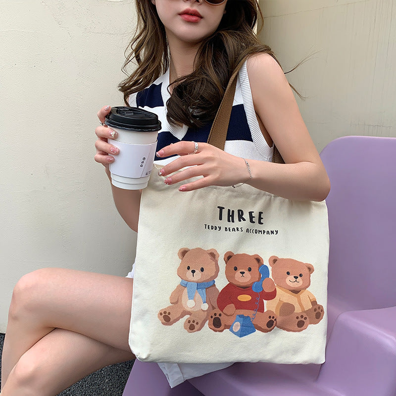 Cute Bear Printed Canvas Bag Women All-match Shoulder Bags Student Large Capacity Daily Handbags - Enfance-Heureuse