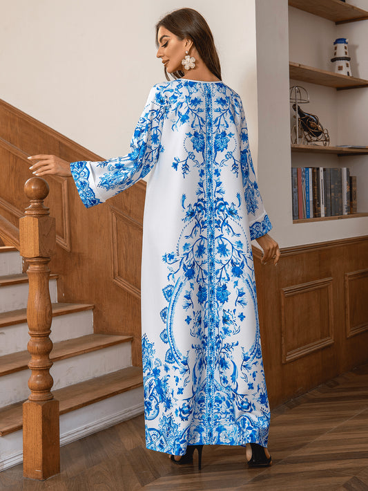 Muslim Robe Diamond Studded Bead Round Neck Dress - Enfance-Heureuse