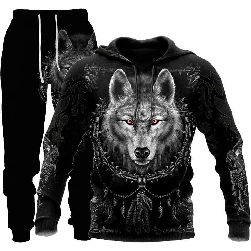 3D Wolf Print Tracksuit Men Sportswear Hooded Sweatsuit Two Piece Outdoors Running Fitness Mens Clothing Jogging Set - Enfance-Heureuse