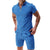 2Pcs Casual Waffle Suit Summer Zipper Lapel Short-sleeved Top And Drawstring Pockets Shorts Versatile Solid Color T-shirt Set For Mens Clothing - Enfance-Heureuse
