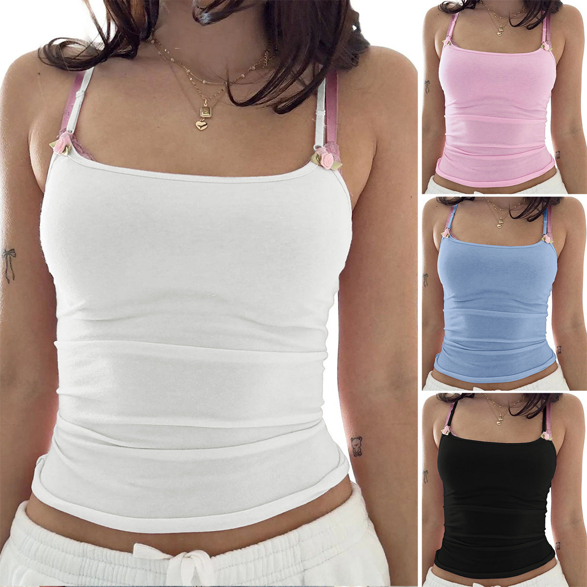 Slim-fit Style All-match Flowers Sling Top T-shirt - Enfance-Heureuse